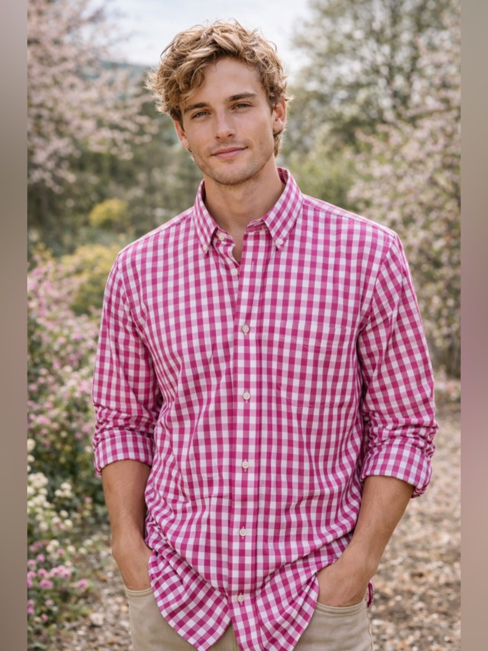 J McLaughlin Mens Sz M Pink Gingham Check Button Shirt Preppy Old Money Luxury